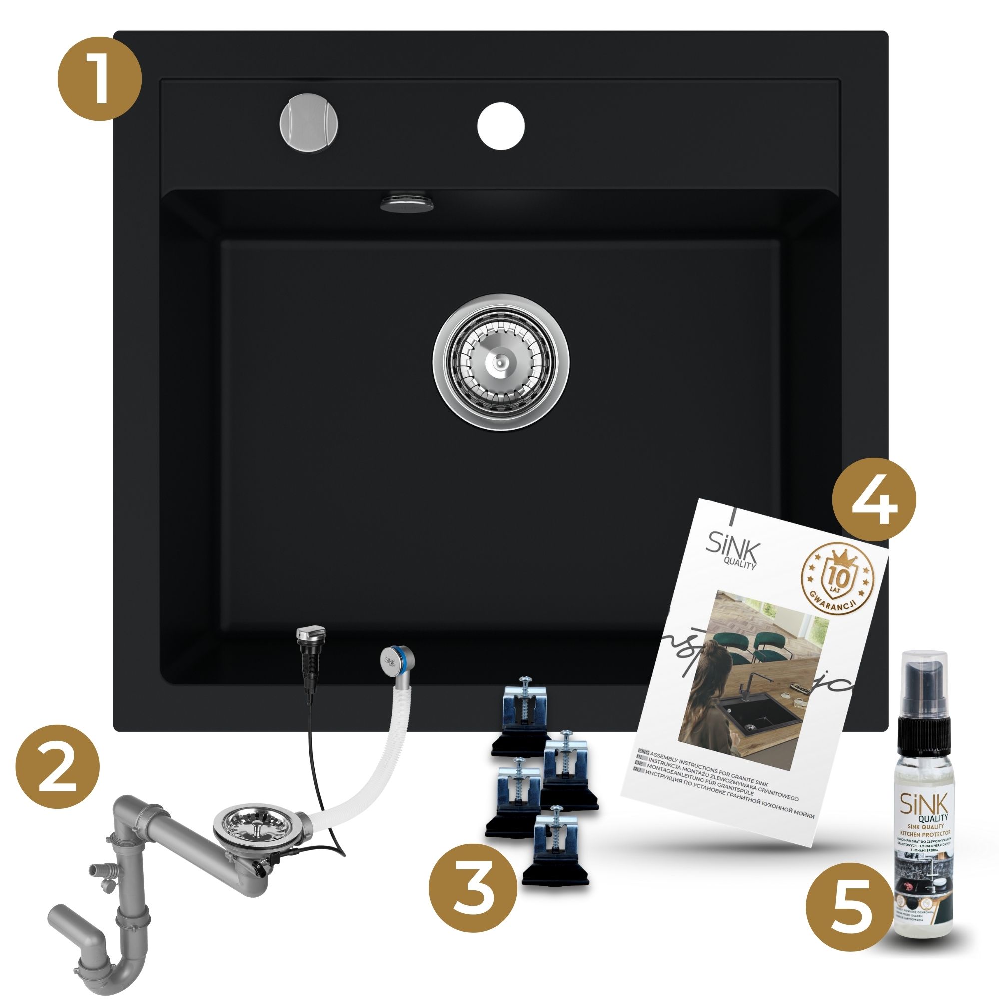 Zlew granitowy FERRUM 1K60 z elementami dołączonymi do zestawu